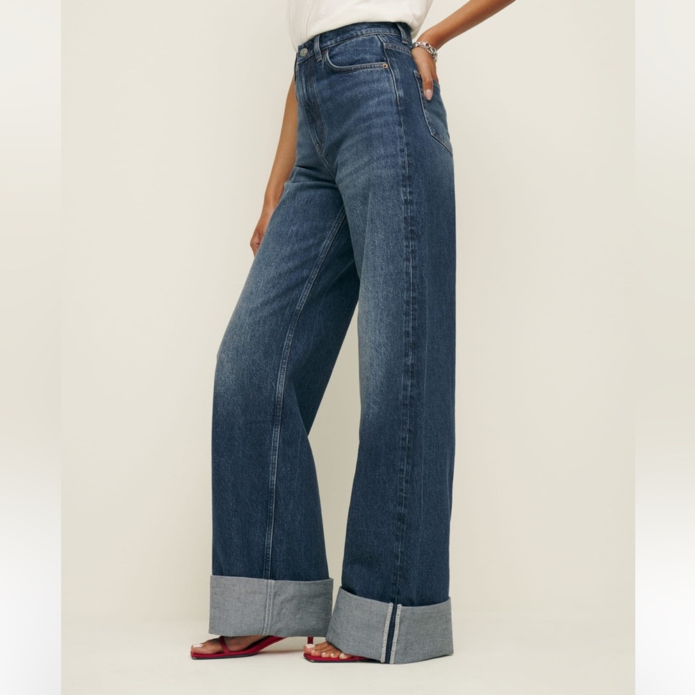 Reformation Cary Cuffed High Rise Slouchy Wide Leg Jeans Blue - Size 24